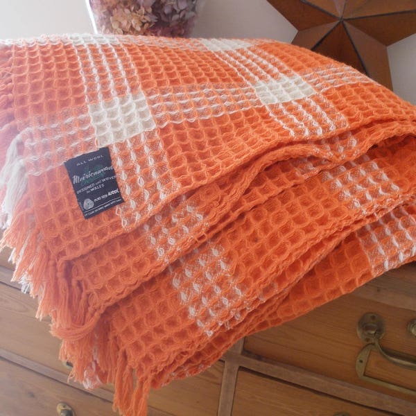 Vintage Welsh waffle blanket, double bed orange & cream 1970s