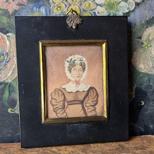Antique 1820s portrait miniature of a lady with a lace bonnet