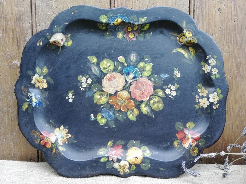 Antique Papier Mache Tray With Hand Painted Flowers Etsy