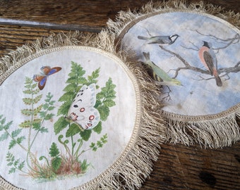 2 antique hand painted doilies with birds, ferns, butterflies