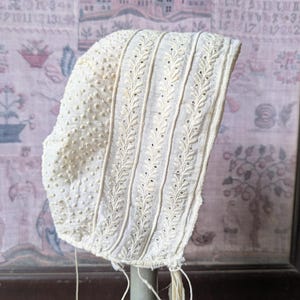 Baby&#39;s early antique bonnet, doll bonnet, Ayreshire embroidery