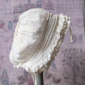 Baby&#39;s early antique bonnet, doll bonnet, Ayreshire embroidery