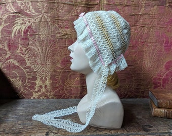 Lady's Victorian netted cap, pink silk ribbon