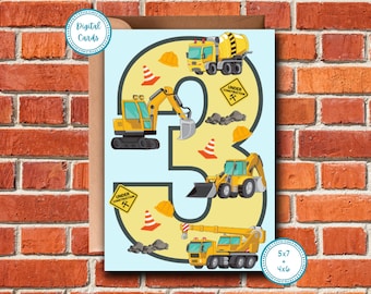 May include: A birthday card featuring a large number 3 filled with construction vehicles. The card includes a yellow excavator, a cement mixer, a front-end loader, and a crane. The card also has construction cones, hard hats, and the words "Under Construction".