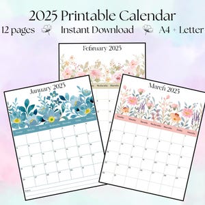 Calendário 2025 para impressão, calendário mensal floral, calendário de mesa e parede para impressão, calendário tamanho carta e A4, calendário bonito