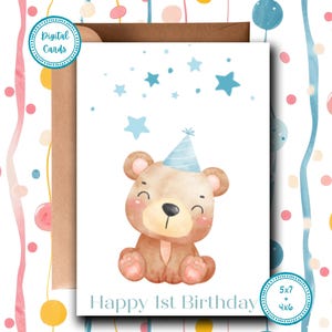 Happy 1st Birthday Card: Baby Boy Bear (Digital Card)