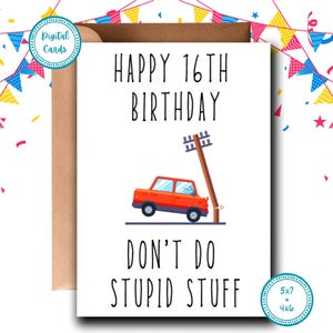Feliz cumpleaños número 16, no hagas estupideces / Tarjeta de feliz cumpleaños número 16 / Feliz cumpleaños número 16 / Divertido cumpleaños número 16 / Tarjeta imprimible / Tarjeta digital