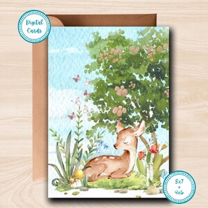 Blanko Grußkarte | Schöne Karte | Neues Baby Karte | Danke-Karte | Geburtstagskarte | Druckbare Karte | Digitale Karte | Baby Rehe im Wald