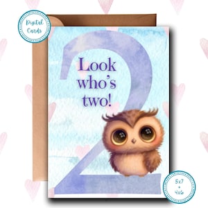 Look Who's Two Birthday Card | Happy 2nd Birthday Card | Adorable Cards for Kids | Pretty Cards for Kids | Second Birthday | Printable Card