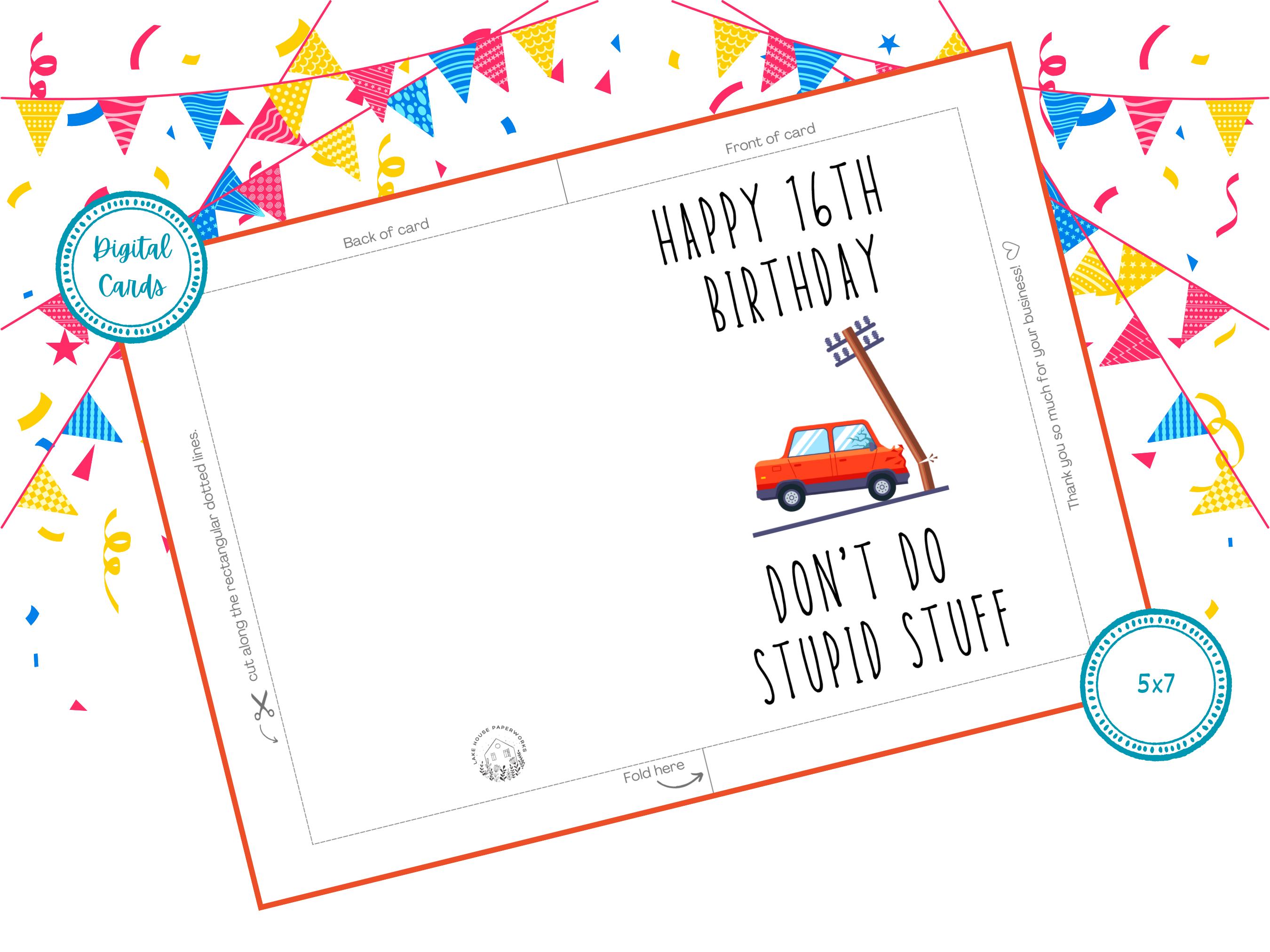 Funny 16th Birthday Card: Don't Do Stupid Stuff (digital Download