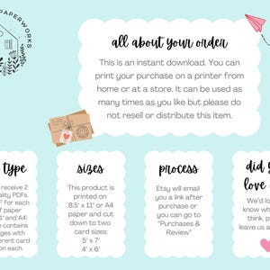 May include: A digital download for printable cards. The text says "all about your order" and explains that the product is an instant download, printable on 8.5 x 11 inch or A4 paper, and can be cut down to two sizes: 5 x 7 inches and 4 x 6 inches. The text also says "did you love it?!" and encourages buyers to leave a review.