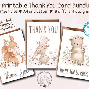 Bedankkaartbundel | Leuke bedankkaart | Afdrukbare bedankkaarten | Schattige dierenbedankkaarten | 4 x 6 kaarten | A4 en brief bedankt
