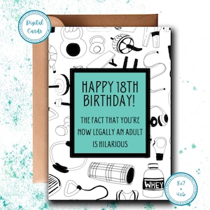 Alles Gute zum 18. Geburtstag | Zugelassene Erwachsenenkarte | Lustige Karte zum 18. Geburtstag | Gym Themen Karte | Karte für Sie | Karte für Ihn | Druckbare Karte