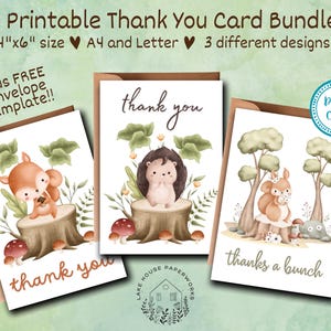 Bedankkaarten | Dierenbedankkaarten | Afdrukbare bedankkaarten | Digitale kaarten | Kaarten met bosdieren | A4-briefkaarten | Mooie kaarten