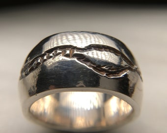 Mens Hand Carved Wide Band Silver Ring Size 11.5 to 12, Artisan Handcrafted Solid Sterling Band Ring, Heavy Ring