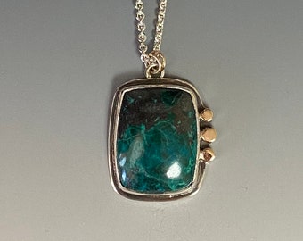 Original Gemstone Pendant, Chrysocolla Malachite Azurite Silver Pendant, Silver and Gold Pendant, Unique One of a Kind Necklace