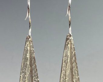 Elongated Triangular Silver Earrings, Rustic Earrings