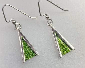 Green Silver Earrings, Long Triangle Textured Earrings