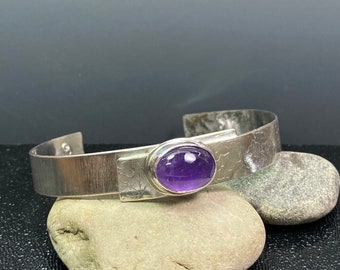 Sterling Silver Cuff Bracelet with Amethyst Gemstone, Unique Silver Cuff Bracelet