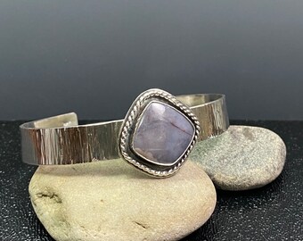 Silver Cuff Bracelet with Blue Agate, Unique Silver Cuff Bracelet