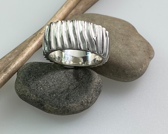 Hand Carved Wide Band Silver Ring Size 10 1/2, Artisan Handcrafted Solid Sterling Band Ring, Heavy Ring, Wedding Band