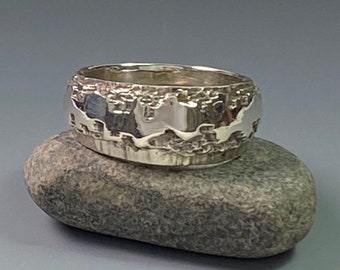 Carved Wide Band Silver Ring Size 9 1/2, Artisan Handcrafted Solid Sterling Band Ring, Heavy Ring, Lost Wax Cast Ring