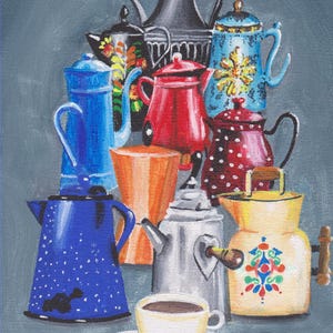 May include: A painting featuring a collection of teapots and a cup of coffee. The teapots are in diverse colours, such as blue, red, and yellow, with floral and polka dot designs. A white cup of coffee rests on a white saucer.
