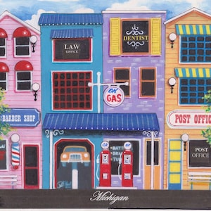 Könnte beinhalten: Eine farbenfrohe Illustration einer Kleinstadtstraße mit einem Friseursalon, einer Anwaltskanzlei, einem Zahnarzt, einer Tankstelle, einem Hotel und einer Post. Die Gebäude sind in verschiedenen Farben bemalt, mit Schildern und Details. Das Wort "Michigan" steht unten.