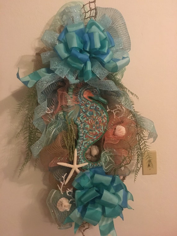 Beach Wreath Summer Swag Seahorse Swag Seahorse Aqua Turquoise Wreath Seashell Wreath Beach Theme Decor