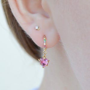 Pink Swarovski Crystal Heart Huggie Hoops | Set of Two | Dainty Jewelry, Gold Hoop Earrings, Valentine Gift | Bespoke, Minimal, Modern
