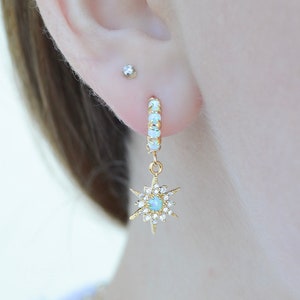 Opal and Gold Star Huggie Hoops | Set of 2 | Dainty Jewelry, Starburst, Earrings, Gift for Her | Bespoke, Minimal, Modern, Polished Gold