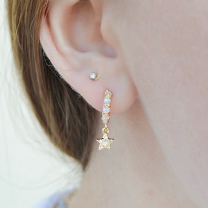 Opal and Gold Star Huggie Hoops | Set of Two (2) | Dainty Jewelry, Starburst, Earrings, Gift for Her, Minimal, Modern, Polished Gold