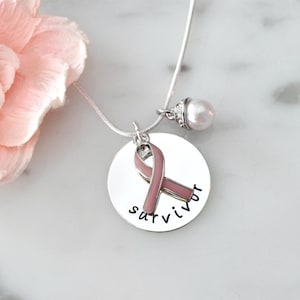 Breast Cancer Survivor Necklace with Pink Ribbon and Pearl Charms Personalized, Custom, Gift for Her image 1