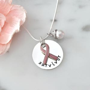 Breast Cancer Survivor Necklace with Pink Ribbon and Pearl Charms | Personalized, Custom, Gift for Her