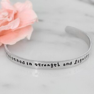 She is Clothed in Strength and Dignity Handmade Bracelet Proverbs 31 Woman Birthday, Christmas Gift for Her Available in Gold, Silver image 2