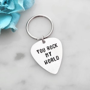 You Rock My World Guitar Pick Keychain | Gift for Him, Musician, Birthday, Christmas, Anniversary | Handstamped, Customizable