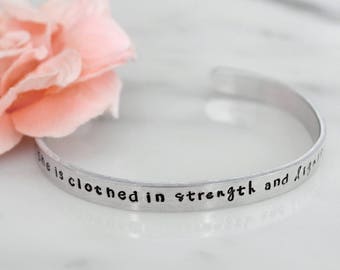 She is Clothed in Strength and Dignity Handmade Bracelet | Proverbs 31 Woman | Birthday, Christmas Gift for Her | Available in Gold, Silver