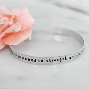 She is Clothed in Strength and Dignity Handmade Bracelet Proverbs 31 Woman Birthday, Christmas Gift for Her Available in Gold, Silver image 1