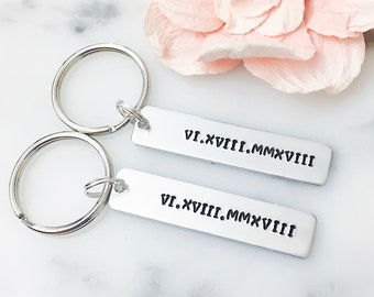 Roman Numeral Special Date Keychain Set - Silver Nickel Bar Keychain w/ Hand Stamped Date - Gift, Present, Valentine, Birthday, Anniversary