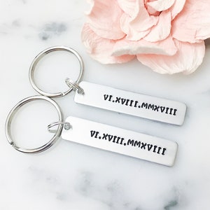 Roman Numeral Special Date Keychain Set - Silver Nickel Bar Keychain w/ Hand Stamped Date - Gift, Present, Valentine, Birthday, Anniversary