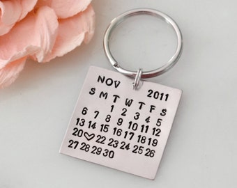 Personalized Calendar Keychain, Special Date Hand Stamped w/ Heart - Custom, Wedding, Anniversary, Valentine, or Birthday Gift / Present