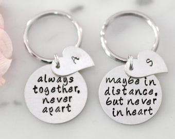 Long Distance Relationship or Best Friends Keychain Set | Always Together, Never Apart with Heart Tags & Initials | Personalized Gift