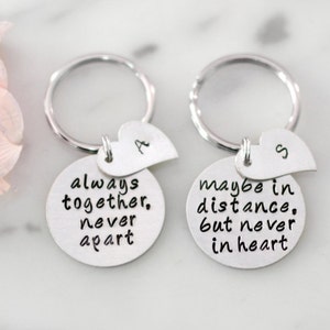 Long Distance Relationship or Best Friends Keychain Set | Always Together, Never Apart with Heart Tags & Initials | Personalized Gift