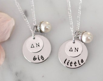 Sorority Big and Little Necklace SET of TWO with Greek Letters and Pearl Charm | Big & Little Gift/Present for Initiation or Reveal