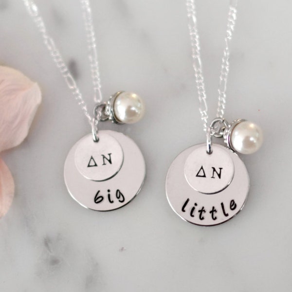 Sorority Big and Little Necklace SET of TWO with Greek Letters and Pearl Charm | Big & Little Gift/Present for Initiation or Reveal