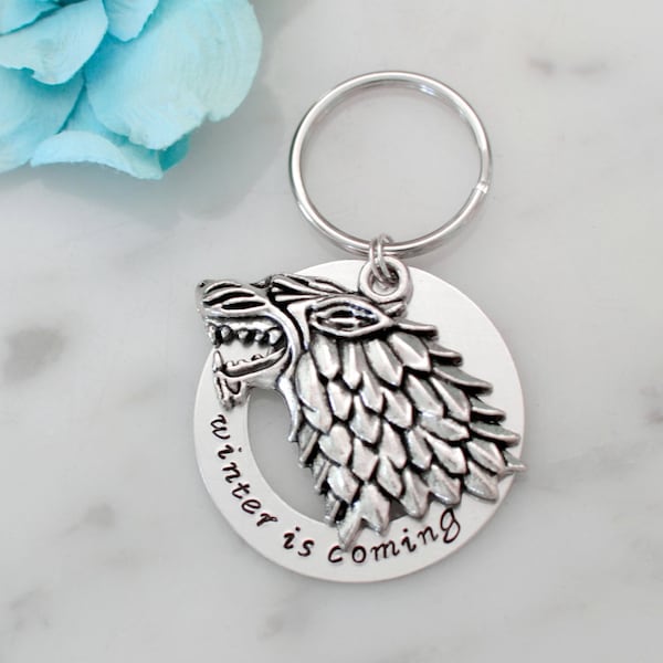 Game of Thrones Inspired 'Winter is Coming' Keychain with House Stark Inspired Direwolf Charm | Personalization Available