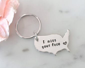 I Miss Your Face USA Keychain with Heart | Long Distance Relationship or Friendship Gift | Birthday or Christmas Gift for Her or Him