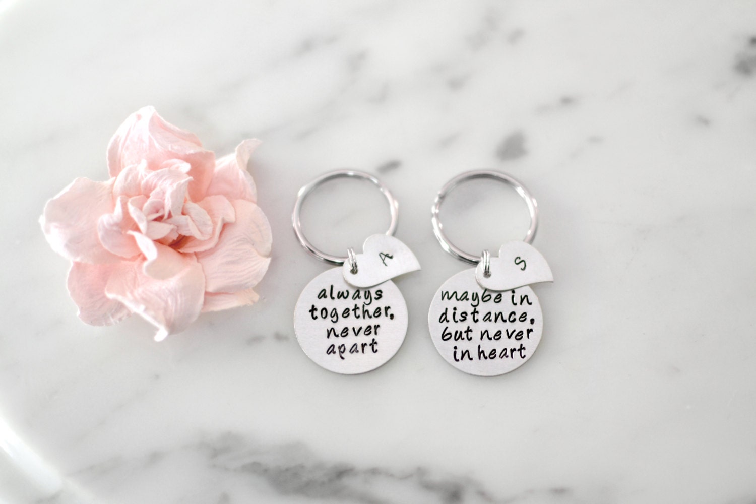 Long Distance Relationship or Best Friends Keychain Set | Always Together, Never Apart with Heart Tags & Initials | Personalized Gift
