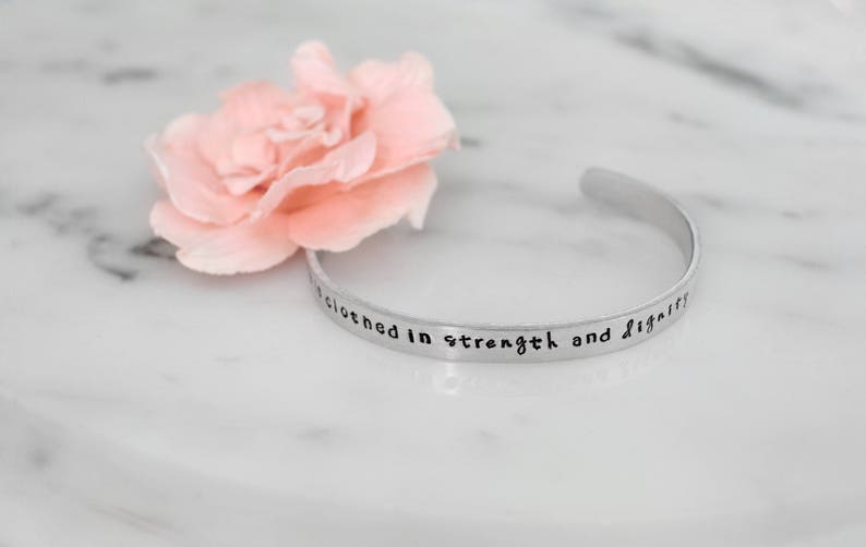 She is Clothed in Strength and Dignity Handmade Bracelet Proverbs 31 Woman Birthday, Christmas Gift for Her Available in Gold, Silver image 2