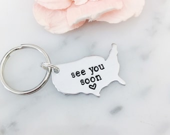 See You Soon Long Distance Relationship or Best Friends Keychain Set | USA Keychain with Heart | Love, LDR Gift for Boyfriend/Girlfriend